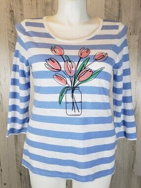 Talbots Striped Blue & White Floral Graphic Women's Top Size Large